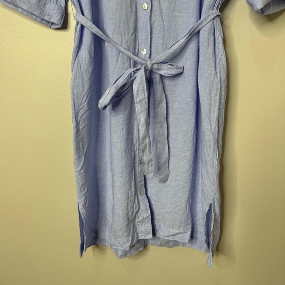 Tahari Blue 100% Linen Button Front Tie Belt Shirt Dress Coastal Cover-up Large - Picture 3 of 10